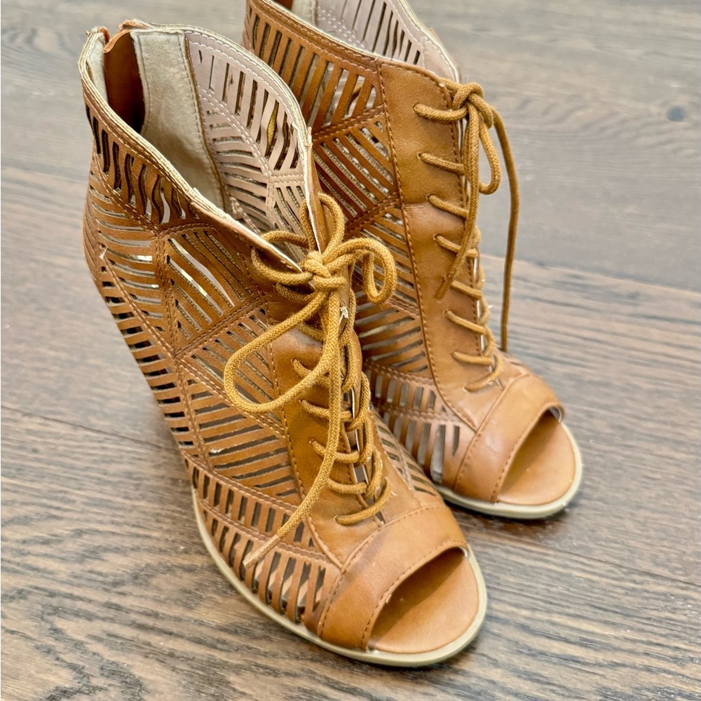 Mix No. 6 Tan Lace-Up Peep Toe Boots